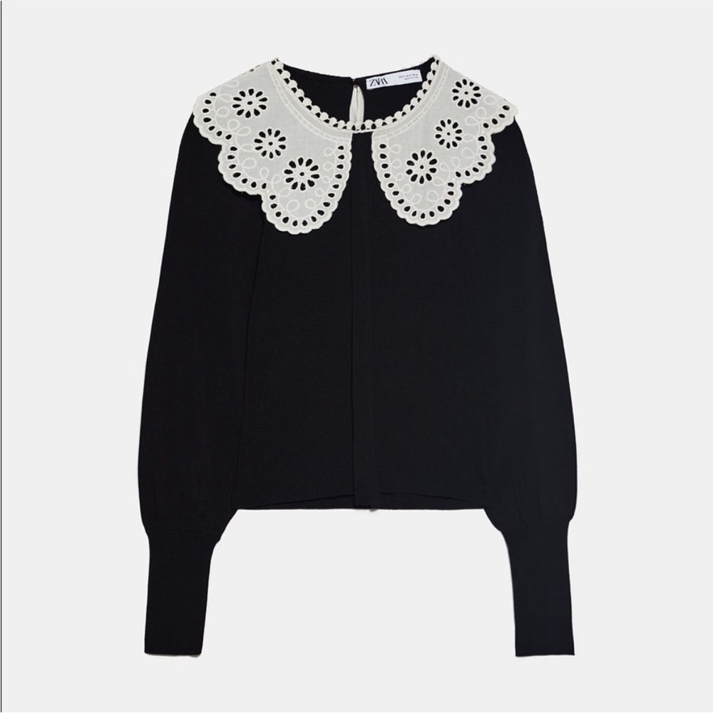 ZARA Black Sweater with White Lace Collar